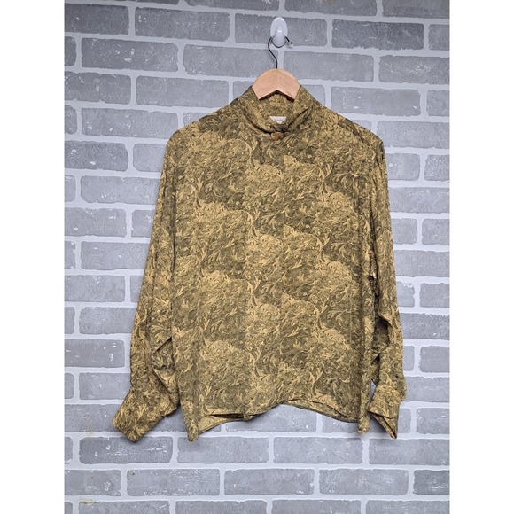 ST John 100% Silk Vintage 1980s Gold and Green Buttons Color Print Shirt Size 10